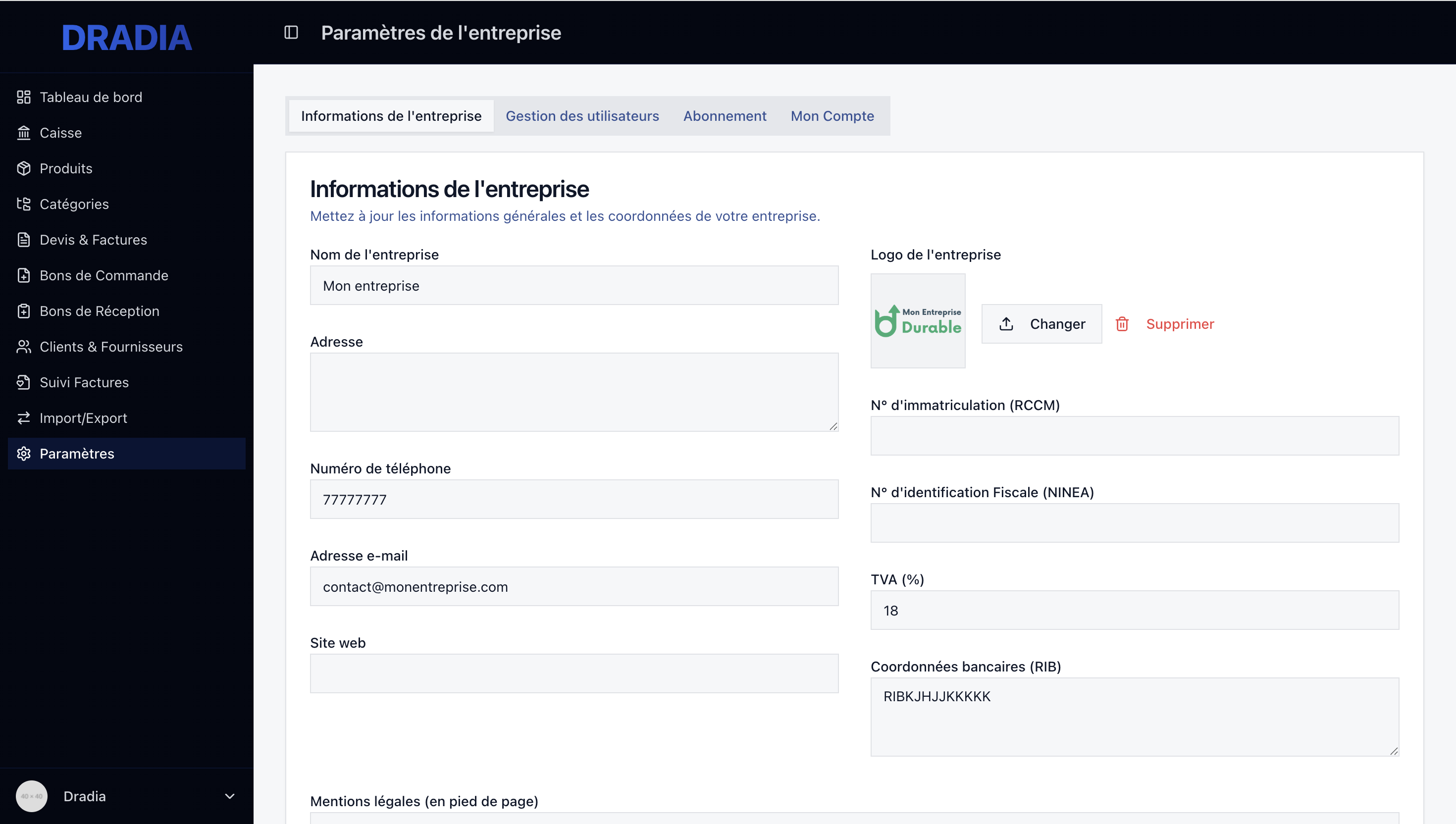 Parametrage de l'entreprise